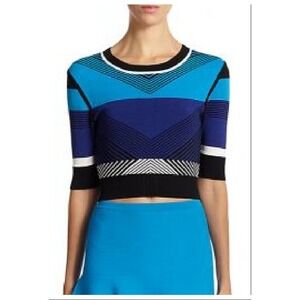 Women's  Ohne Titel Sweater Top Blue Knit Chevron Crop Colorblock Half Sleeve XS